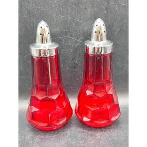 Vtg Viking Georgian Ruby Red Glass Salt Pepper Chrome Lid Honeycomb Faceted